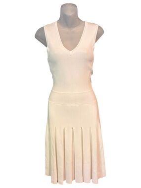Barneys New York Cream Sleeveless V-Neck Pleated Midi Dress Size S Knit Stretch